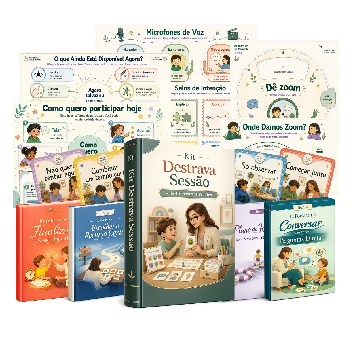 Kit Destrava Sessão Infantil: mockup com os recursos terapêuticos impressos